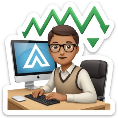 A person sitting at a desk working on a computer with upward arrows and percentage signs, suggesting digital sales, marketing, or outreach. sticker