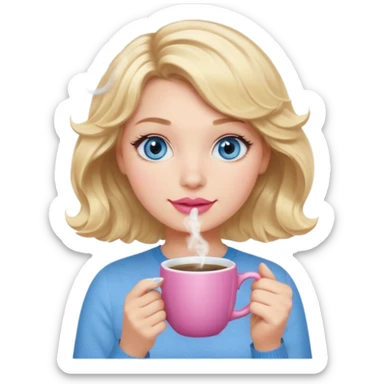 Girl Blonde short wavy hair,  blue eyes, cute blue top, long lashes, pink lips, holding white hot coffee mug sticker