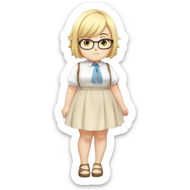 Chubby anime girl with glasses and short blond hair, full body wearing cute dress sticker