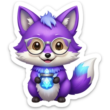 A small magical fox with shimmering purple and blue fur, a glowing fluffy tail, a silver star on its forehead, and round glasses, holding a tiny magical lantern, laughing with tears of joy in its eyes. 🦊😂 sticker