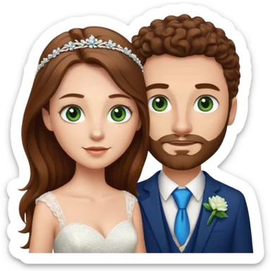 wedding couple, woman has long straight brown hair and green eyes, man has short light brown curly hair and facial hair with blue eyes sticker