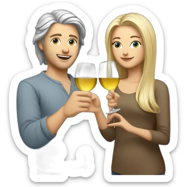 A white female with brown eyes and blond medium long hair and a white male with blue eyes and grey hair, they toast to each other with a glass of white wine. sticker