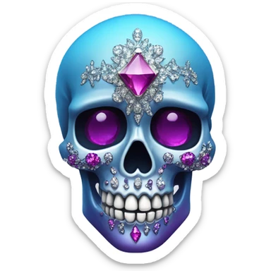 Realistic isolated pretty metallic magenta ,light blue,and dark purple ombre decorative filigree Skull with shiny diamonds and rhinestones on it. sticker