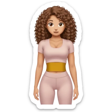 Create dream body girl with big glute and small waist and brown flat no volume curly long hair with pastel beige gym clothes  sticker