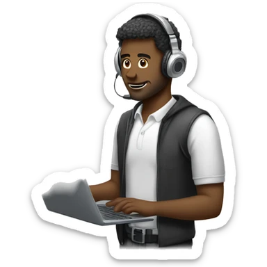 man in headphones talking hold laptop and phone only upper part of body  sticker