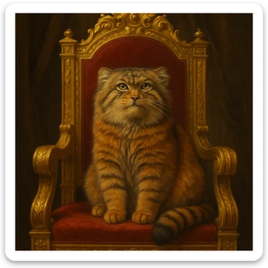 A brown-orange Pallas's cat (Manul) sitting on a royal throne, looking majestic sticker