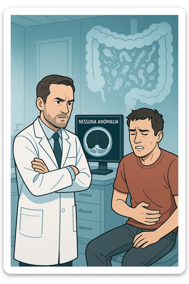 Medico in camice bianco in uno studio moderno, mentre osserva una TAC o ecografia su uno schermo con espressione convinta. Accanto a lui, un paziente seduto che lamenta dolori intestinali. Sullo sfondo, un’immagine traslucida dell’intestino pieno di piccoli parassiti stilizzati (vermi, protozoi), non visibili nel monitor medico. Il monitor mostra 'nessuna anomalia', ma dietro c’è la realtà invisibile. Atmosfera clinica ma con contrasto simbolico tra 'ciò che si vede' e 'ciò che sfugge'. Colori freddi, luce ospedaliera in italiano sticker