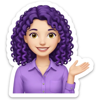 mujer blanca con cabello largo rizado negro sonriendo con camisa lila sticker