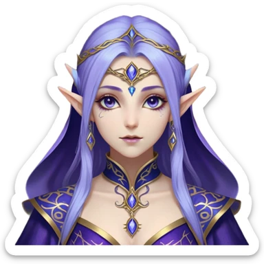 Cinematic Realistic WoW Elf Mage Portrait, depicted with ethereal, otherworldly beauty and refined arcane mastery. Clad in an intricately detailed robe in consistent deep blues and purples accented with shimmering gold filigree, her luminous, porcelain-like skin and delicate features evoke timeless elegance. Her piercing, mystical eyes radiate ancient wisdom, rendered with lifelike texture and subtle, magical lighting, high shine, noble and majestic, capturing the essence of a legendary elven sorceress. sticker