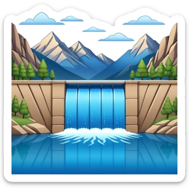 Emoji-style illustration of dam in front of mountain lake, flat vector look, bold outlines, minimal details, no background. sticker