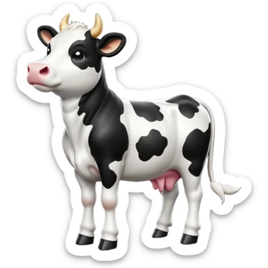 cinematic-[cow]-realistic-full-body-standing-emoji,-tail-flicking-lazily,-head-tilted-dramatically,-sleek-[black and white]-fur,-simplified-yet-realistic-focused-features,-highly-detailed,-glowing-with-an-almost-sarcastic-glow sticker