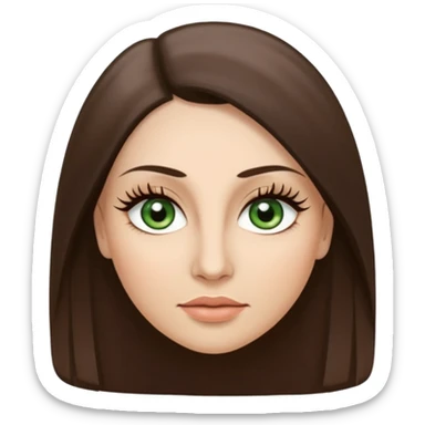 40 year old Adult woman avatar, light skin tone, oval face, long straight ashy brown hair, green almond-shaped eyes with dramatic eyelashes and minimal eyeliner, neutral mouth, medium straight eyebrows, small nose, smooth skin sticker