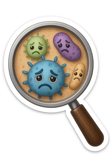 EMOJI STILE IPHONE DI una lente di ingrandimento che inquadra un cumulo di batteri intestinali tristi, IPERREALISTICO 4K sticker