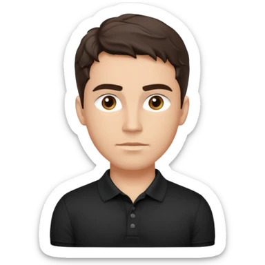 He’s a man with light to medium skin, a defined oval face, full brows, deep-set eyes, and wavy short dark brown tall hair styled with height, sides are trimmed. muscular. expression calm and focused relaxed black polo shirt. polished, articulate, and coach vibe. sticker