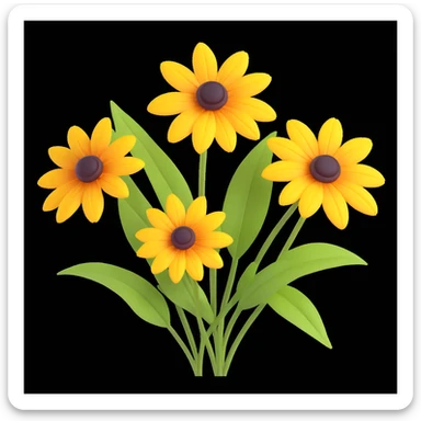 three yellow rudbeckia flowers with green leaves, 3D iOS style, soft shadows, realistic highlights, white background sticker