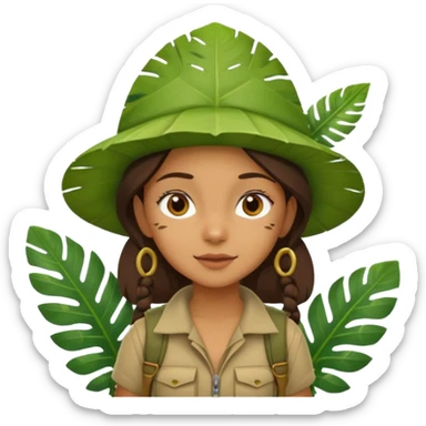 a girl explorer with jungle wearing a large leaf headgear bye  sticker