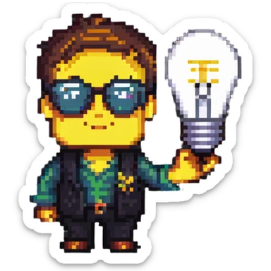 Genius character with lightbulb and glasses in pixel art style sticker
