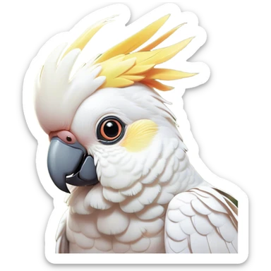 Cinematic Cute Cockatoo Portrait Emoji, Head tilted playfully and inquisitively, featuring a charming, fluffy form with a vividly colored crest, round, sparkling eyes full of playful wonder, and a soft, curved beak, Simplified yet irresistibly adorable features, highly detailed, glowing with a warm, inviting tropical glow, high shine, affectionate and lively, stylized with a touch of whimsical avian charm, soft glowing outline, capturing the essence of a mischievous yet loving cockatoo that seems as if it could flutter out of the screen into your arms! sticker