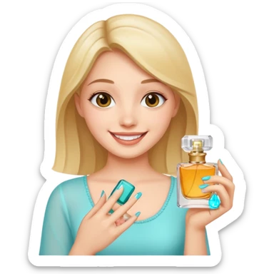 pretty girl holding parfume with smile sticker