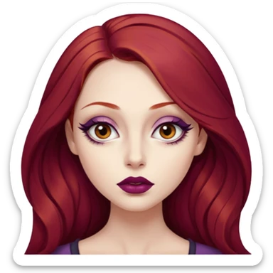 A young woman with long, deep red hair and smooth porcelain skin. She has large, expressive eyes accentuated by winged eyeliner and warm-toned eyeshadow. Her full lips are painted with deep plum lipstick. realistic style, high detail. sticker