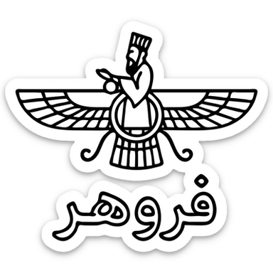 Convert the Faravahar symbol into a text sticker inspired by the reference image. Use clear black outlines and add the Persian calligraphy text «فروهر» below the symbol. The design should be suitable for messaging apps with a transparent background. sticker
