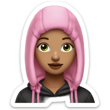 a girl with the following features: - Lavender pink ombre bob hairstyle - Green eyes - Freckles - Septum piercing - Black beanie hat - Black sweatshirt with a pink hood and pink laces sticker