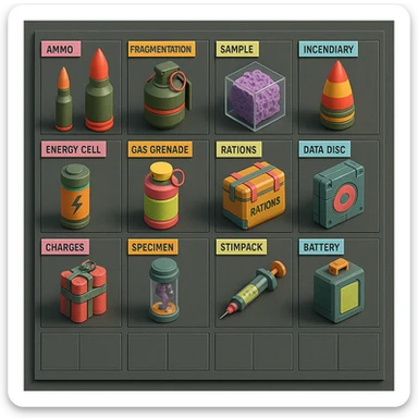 a virtual display, a gray grid with darker gray cells, each cell containing an item viewed in isometric minimalism render The cells have pastel neon colored labels in their upper corner, indicating various traits of the items. retrofuturism, circa 2880's.
The items are scientific and military in nature - varieties of munitions, scientific samples, rations, data storage, utilities. There are two arrays of grids, one left, one right. Each array has a few empty spaces at the bottom. "CAD RENDERED PHOTOREALISM" brutalism. the items are adorned in a combination of  bright colors, neon-safety, early 90's pallet, with muted gray tones in EVEN BALANCE. sticker