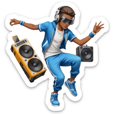 Icon for Street Dance: a dancer in urban streetwear performing a dynamic lower breakdance move, with a spray-painted background, headphones, and a boombox on the asphalt. The icon should capture the energy, style, and creativity of street dance culture. Transparent background. sticker