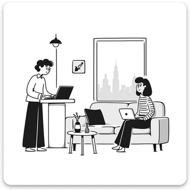 escenary 3d of a cozy mid-century living room with two people working on laptops, one man standing at a desk and one woman sitting on a couch sticker