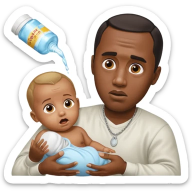 Sean “Diddy” Combs with baby oil and a very small infant and he’s pouring the baby oil on the baby and they have a scared face they’re really scared sticker