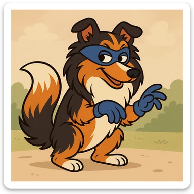 A tricolor Shetland Sheepdog cosplaying as Swiper from Dora the Explorer, with a blue mask, blue gloves, and orange fur, playful and sly, cartoon style sticker