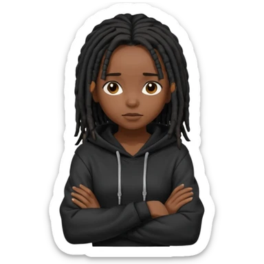 African American dark skin girl with shoulder length black dreadlocks wearing a plain black hoodie with arms folded sticker