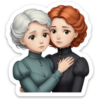 Two Victorian women in a sad intimate hug, one with white coiffed hair and one with copper coiffed hair, both with grey eyes, wearing Victorian turtleneck dresses sticker