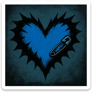 emo heart with jagged edges, black and blue colors, small safety pin detail, modern emo aesthetic sticker