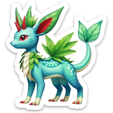 Shiny Colorful Tropical Shaymin-Vaporeon-Sceptile-Flygon-Meloetta-Pokémon-Fakémon-fusion, full body sticker
