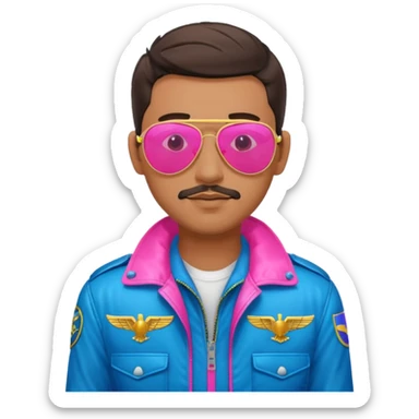1980s cool man with stubble wearing reflective neon pink and blue aviator sunglasses and a pilot topgun jacket sticker
