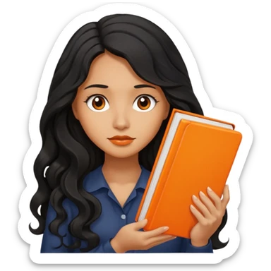 Long Hair Women with orrange Book, Black wavy hair, sad

 sticker