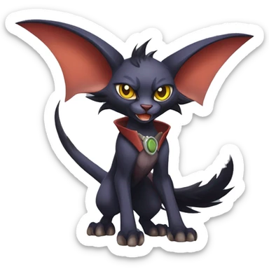 Black cool vampiric Noivern-Litten-Lykoi-Caracal-Fakemon with big bat ears full-body sticker