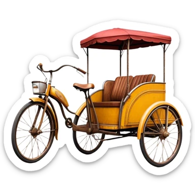 ​Cinematic Realistic Tricycle Rickshaw, depicted as a vintage manually operated vehicle featuring two front wheels and a single rear wheel, rendered with detailed rustic textures, vibrant colors, and dynamic urban lighting that captures its unique design and cultural charm, sticker