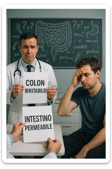 Scena clinica con un medico confuso in camice bianco davanti a un paziente seduto. Il medico ha tre fogli in mano, e li mostra uno alla volta con espressione incerta: il primo dice 'SIBO', il secondo 'Colon Irritabile', il terzo 'Intestino Permeabile'. Il paziente ha un’espressione confusa e scoraggiata, con una mano sulla fronte. Sullo sfondo una lavagna caotica con disegni di intestino e sintomi ovunque. Stile realistico con tocchi ironici, toni freddi da ambulatorio ma con un messaggio visivo forte di incertezza diagnostica. in italiano sticker