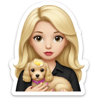 Make a girl with long black silky  hair holding a cockapoo make the cockapoo blonde Make thr girl have mascara and lipgloss on and make her have black/blonde her for the girl sticker
