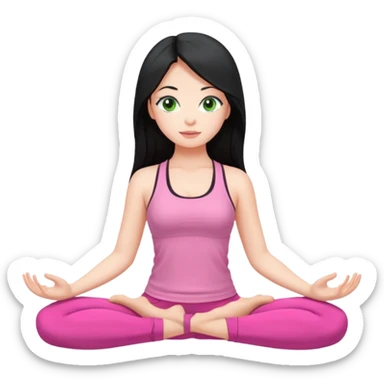 Girl with long black hair with green eyes doing yoga with pink clothes sticker