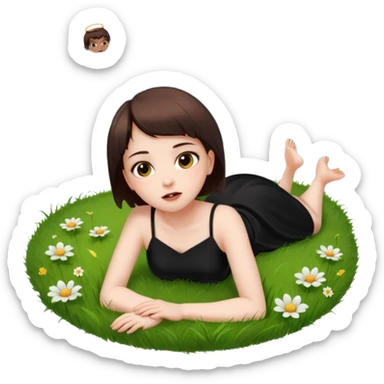A short-haired brown demon girl lies on the grass, looking up at a flying angel in the sky."
 sticker