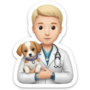 Young male vet – white coat, stethoscope, holding puppy. sticker
