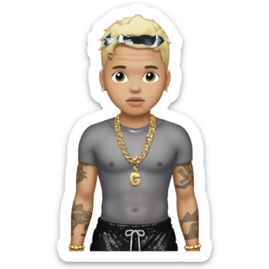 Chris Brown with blonde hair, black sequin baggy pants, shirtless with necklace sticker