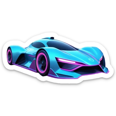 A futuristic racing car with glowing neon lights, sleek aerodynamic design, and a cyberpunk cityscape in the background. The car is speeding through a neon-lit street with high-tech buildings and holograms." sticker