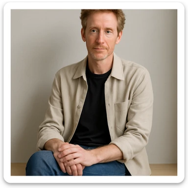 slender male with graying red hair, brown eyes, contemporary look, relaxed pose sticker