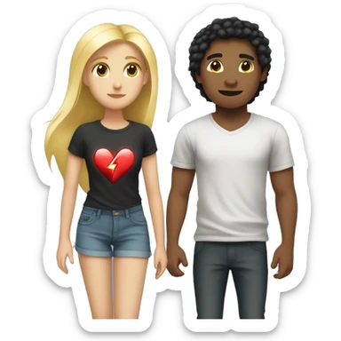An emoji of a young girl with long blonde hair standing next to her boyfriend, who has black hair and fair skin. A heart symbol is between them, and the boy's T-shirt features a lightning bolt symbol sticker