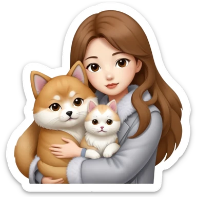 A Chinese fashion girl with brown hair, wearing a light gray fur coat, hugging a Shiba Inu and a long-haired white Persian cat. sticker