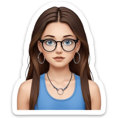 White girl with long brown hair, part going more to the RIGHT side, BLUE eyes, wearing BLACK plastic frame glasses that go from black to CLEAR ombré from top to bottom. SEPTUM nose piercing hoop, AND stud nose piercing on right side of nose. Wearing BLACK tank top. Wearing big hoop earrings  sticker